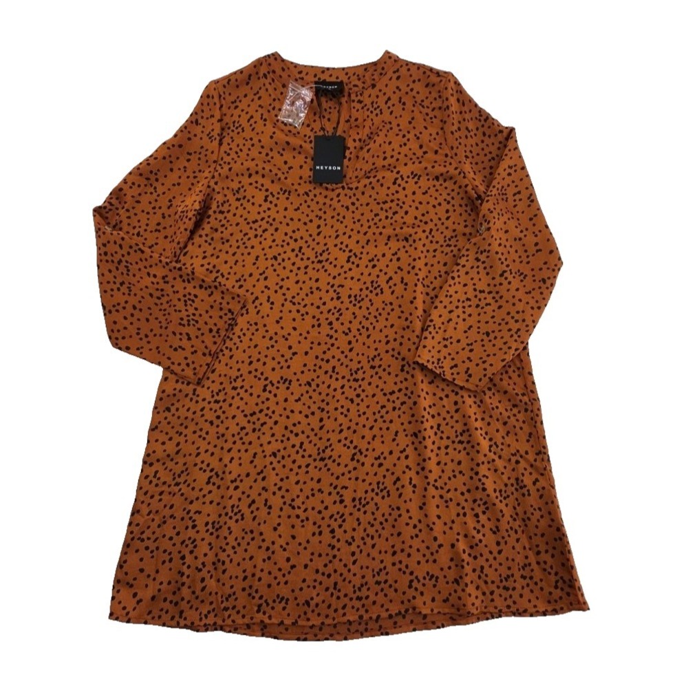 Heyson Midi Dress Tunic Womens L‎ Large Orange Cheeta Print NWT Roll-Tab Sleeves